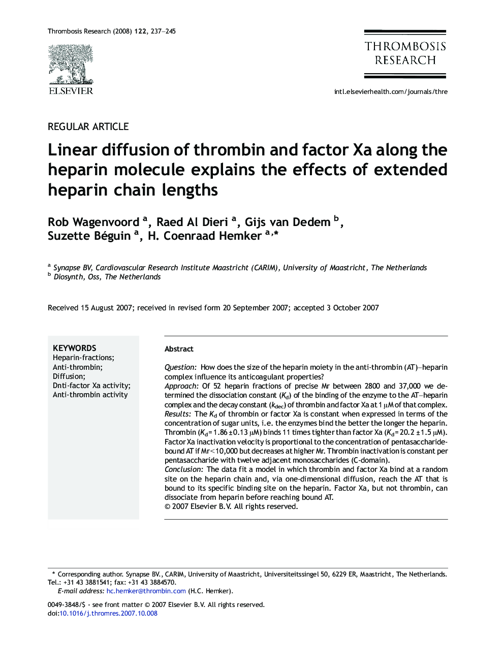 Linear diffusion of thrombin and factor Xa along the heparin molecule explains the effects of extended heparin chain lengths