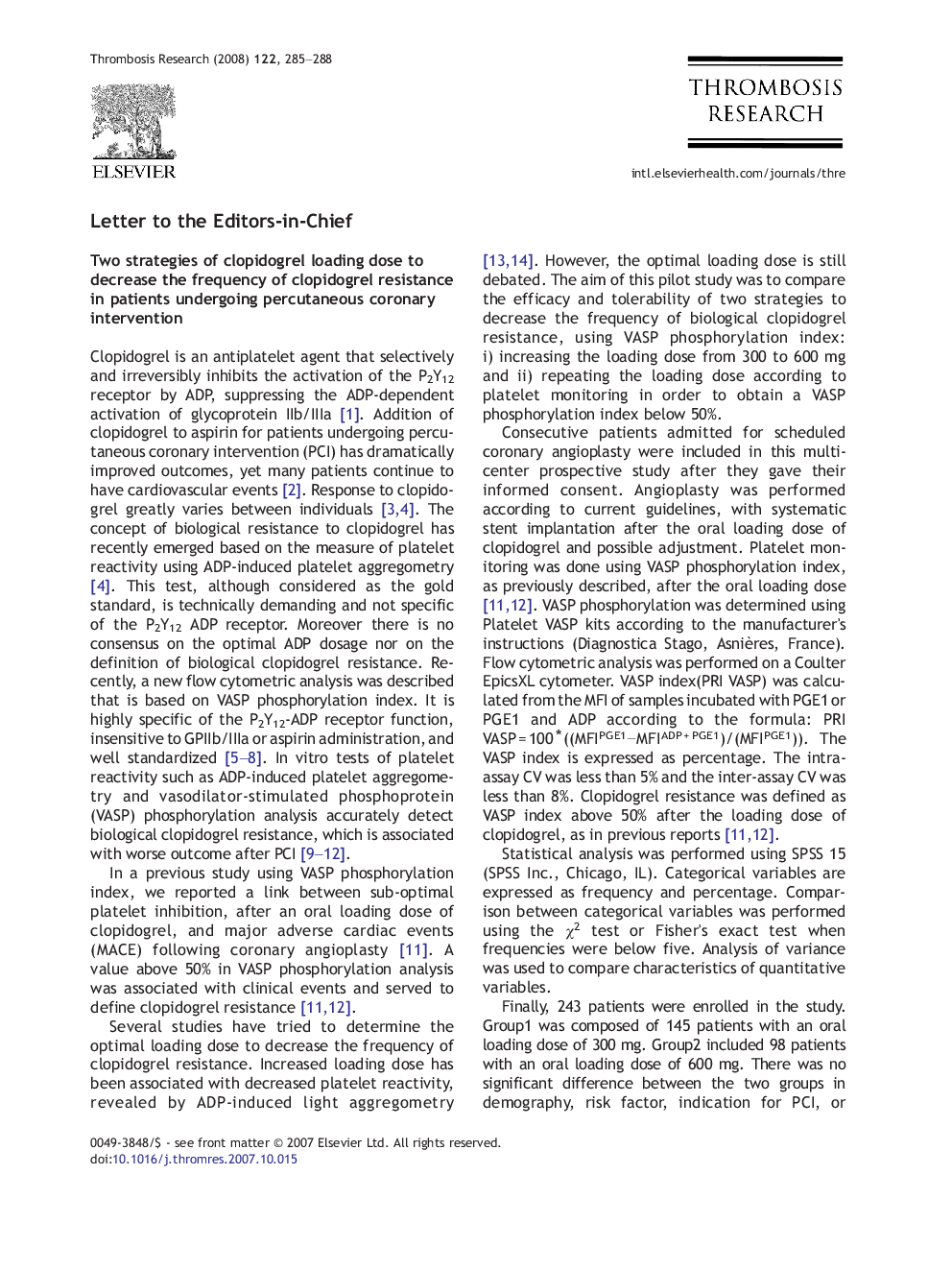 Two strategies of clopidogrel loading dose to decrease the frequency of clopidogrel resistance in patients undergoing percutaneous coronary intervention
