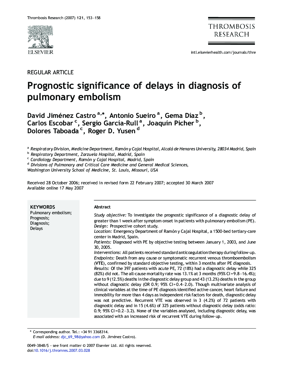Prognostic significance of delays in diagnosis of pulmonary embolism