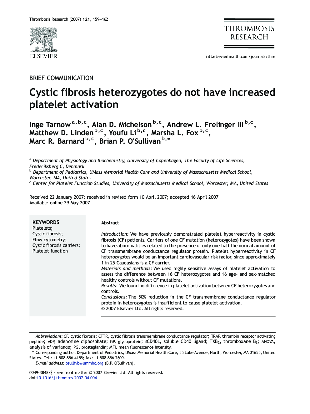 Cystic fibrosis heterozygotes do not have increased platelet activation