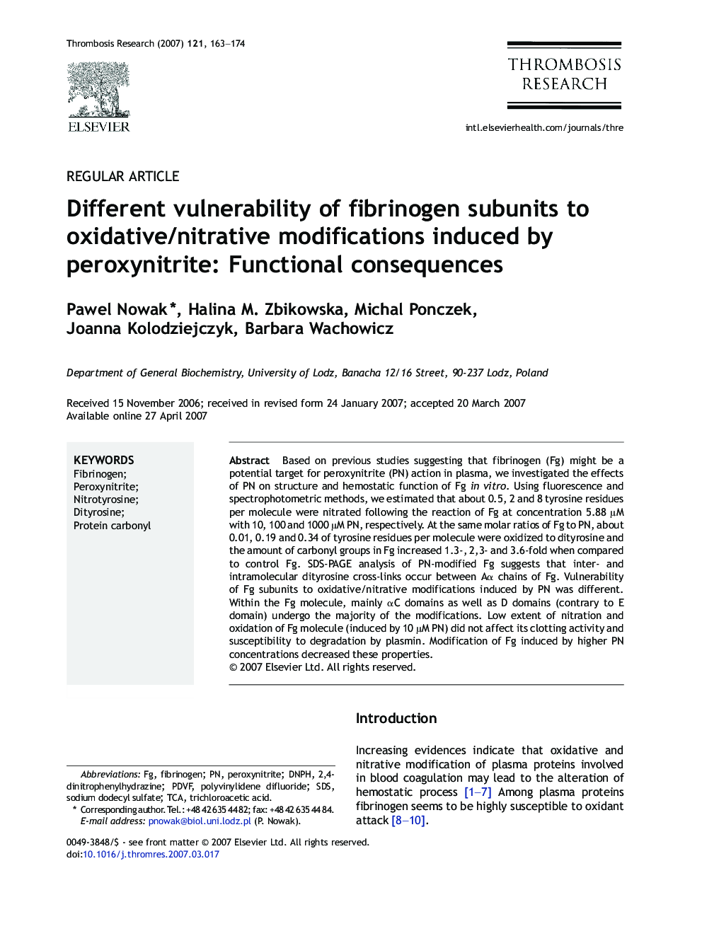 Different vulnerability of fibrinogen subunits to oxidative/nitrative modifications induced by peroxynitrite: Functional consequences