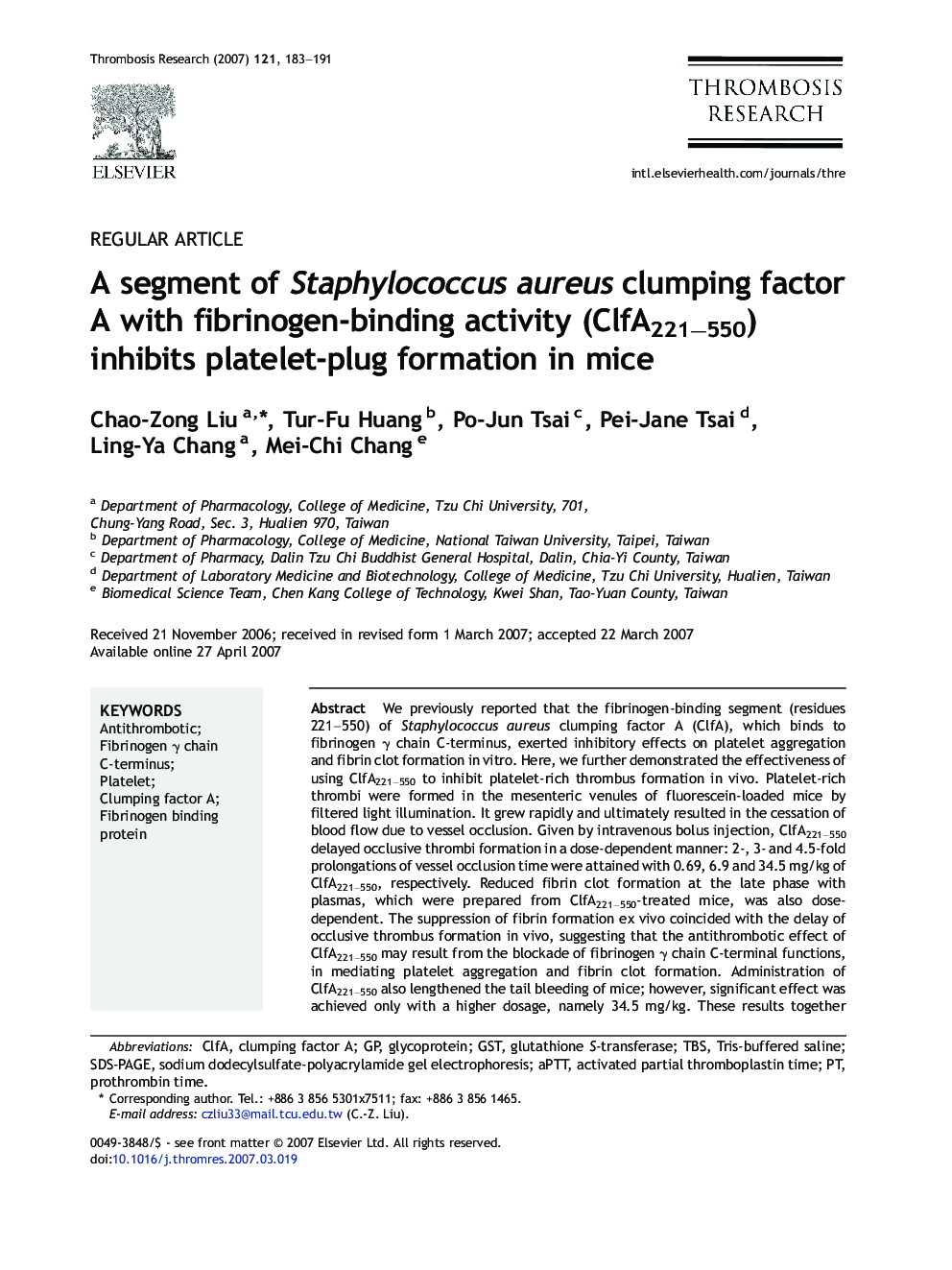 A segment of Staphylococcus aureus clumping factor A with fibrinogen-binding activity (ClfA221-550) inhibits platelet-plug formation in mice