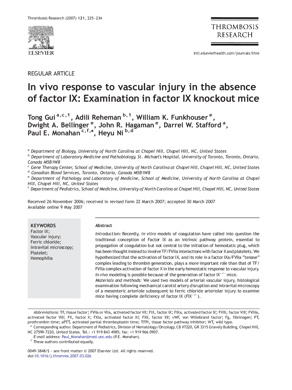 In vivo response to vascular injury in the absence of factor IX: Examination in factor IX knockout mice