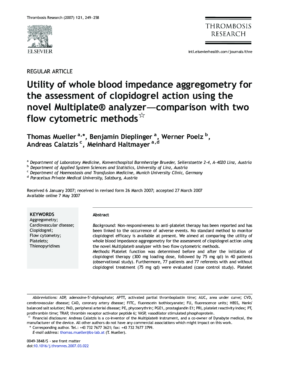 Utility of whole blood impedance aggregometry for the assessment of clopidogrel action using the novel Multiplate® analyzer—comparison with two flow cytometric methods 