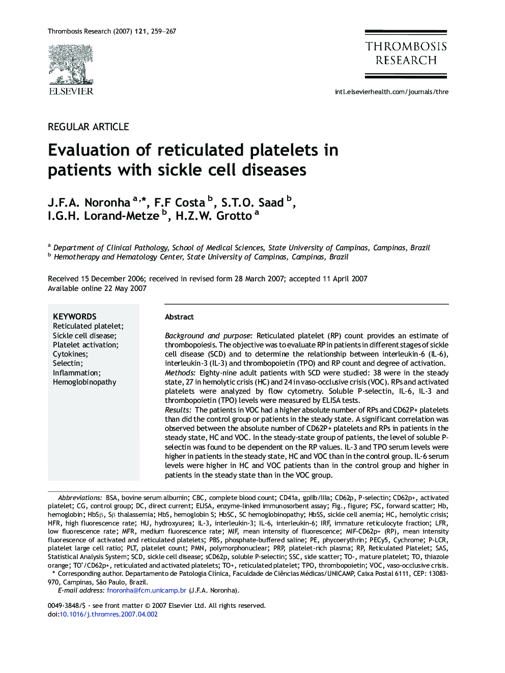 Evaluation of reticulated platelets in patients with sickle cell diseases