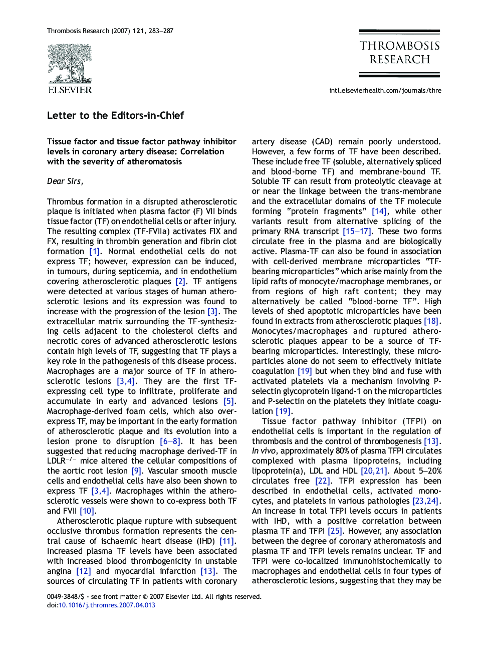 Tissue factor and tissue factor pathway inhibitor levels in coronary artery disease: Correlation with the severity of atheromatosis