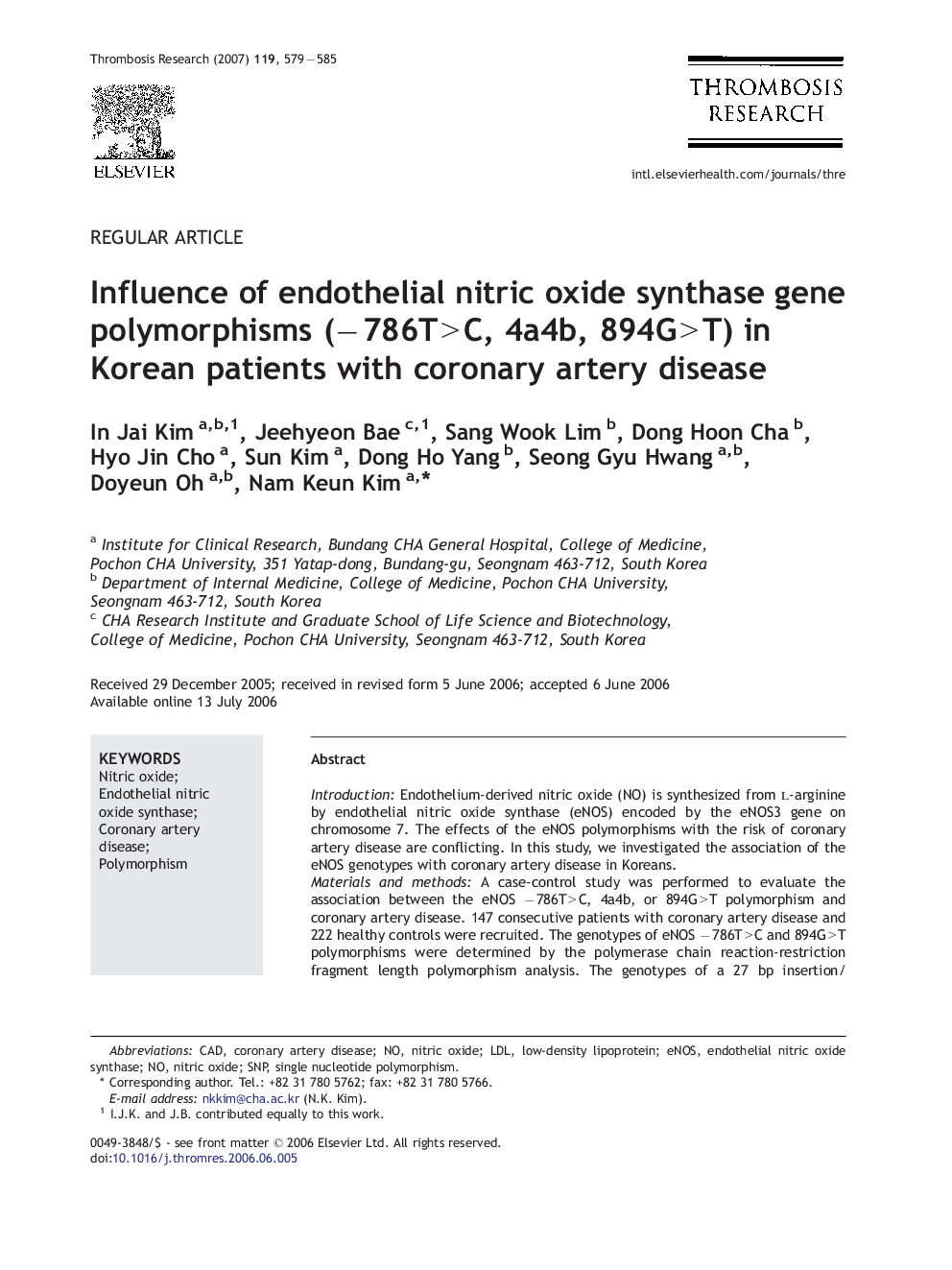Influence of endothelial nitric oxide synthase gene polymorphisms (− 786T > C, 4a4b, 894G > T) in Korean patients with coronary artery disease