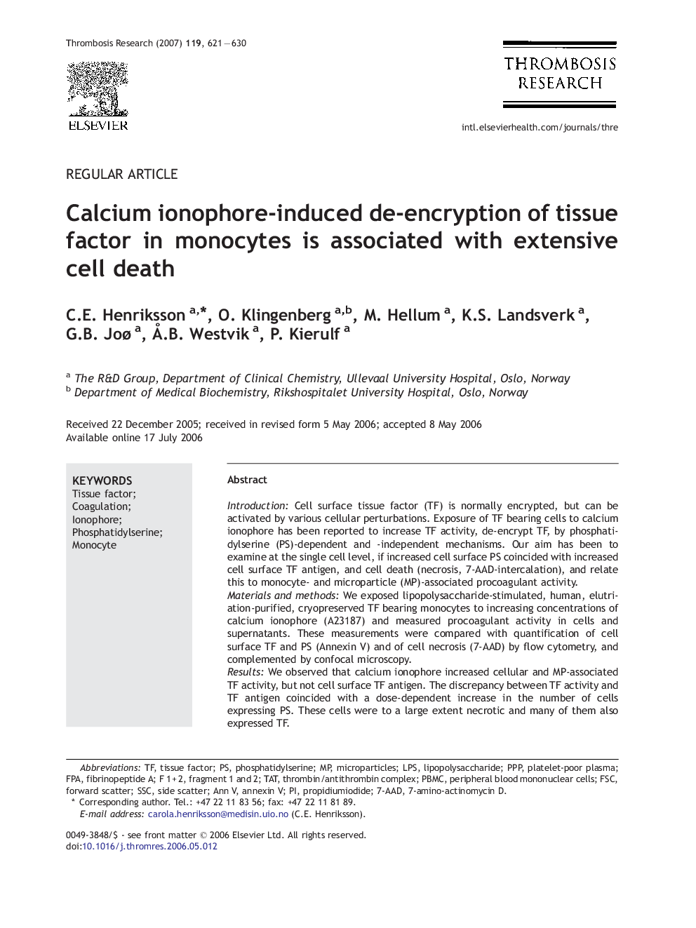 Calcium ionophore-induced de-encryption of tissue factor in monocytes is associated with extensive cell death