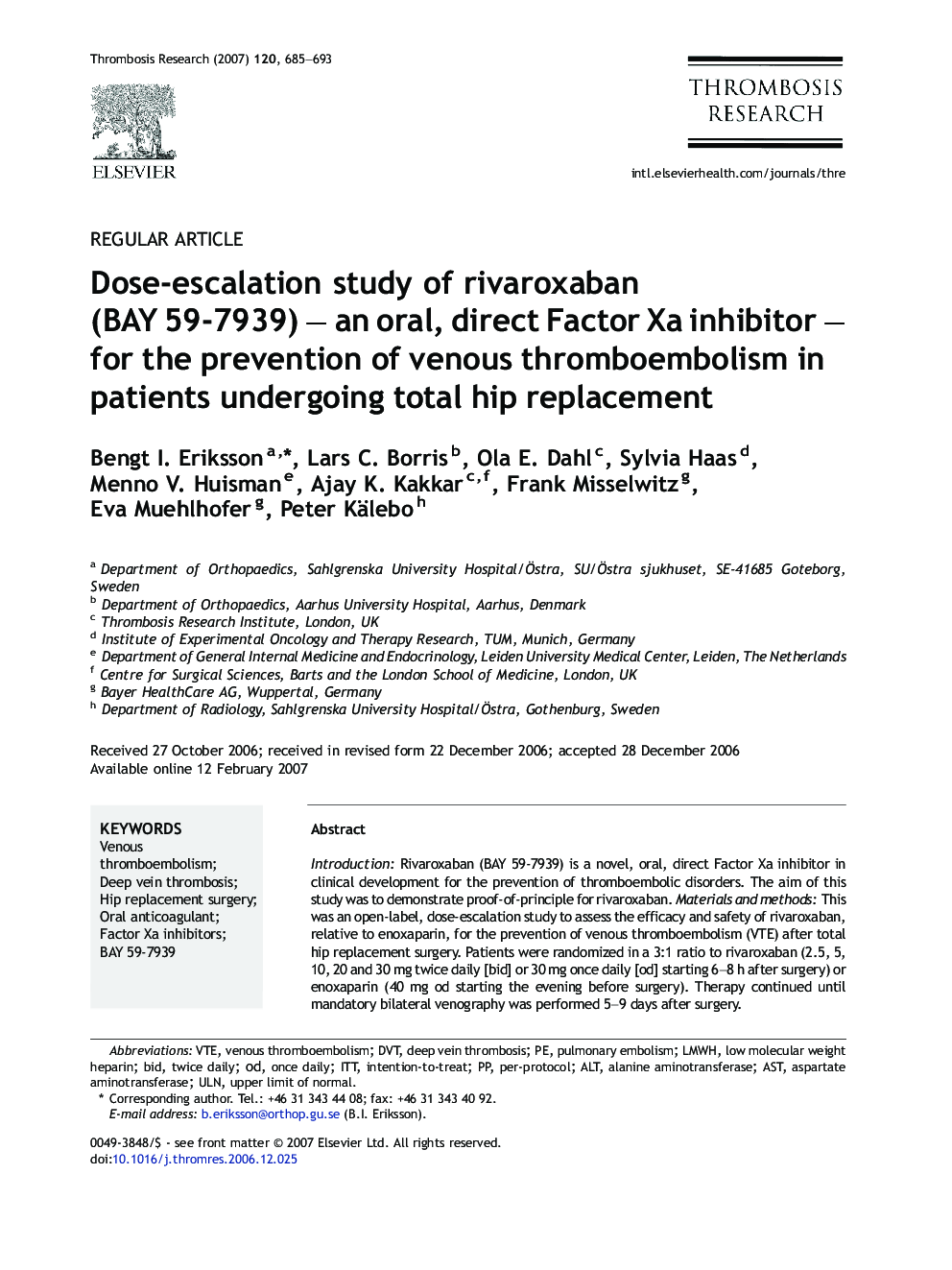 Dose-escalation study of rivaroxaban (BAY 59-7939) – an oral, direct Factor Xa inhibitor – for the prevention of venous thromboembolism in patients undergoing total hip replacement