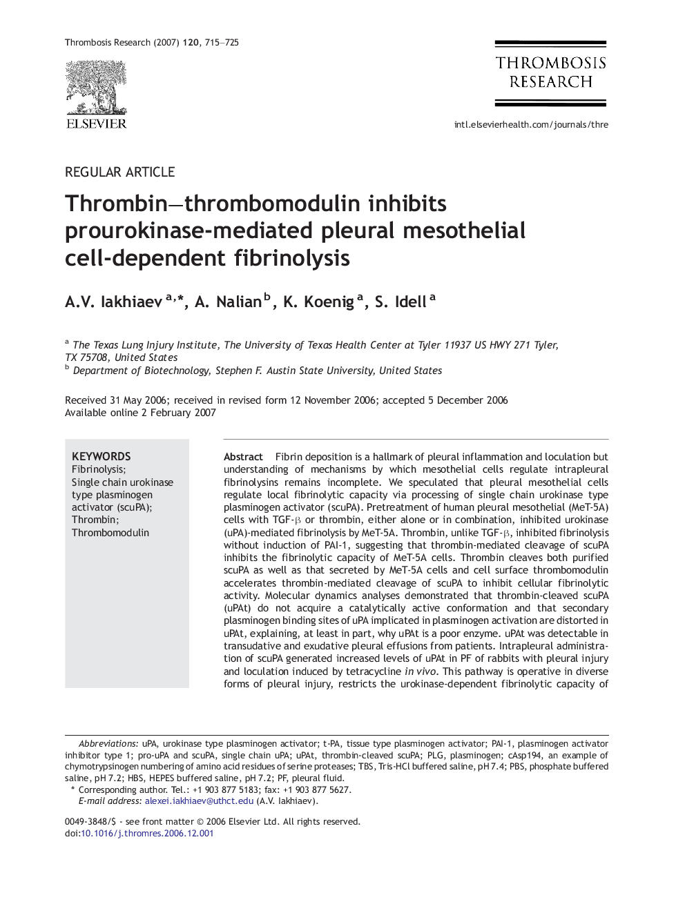 Thrombin–thrombomodulin inhibits prourokinase-mediated pleural mesothelial cell-dependent fibrinolysis