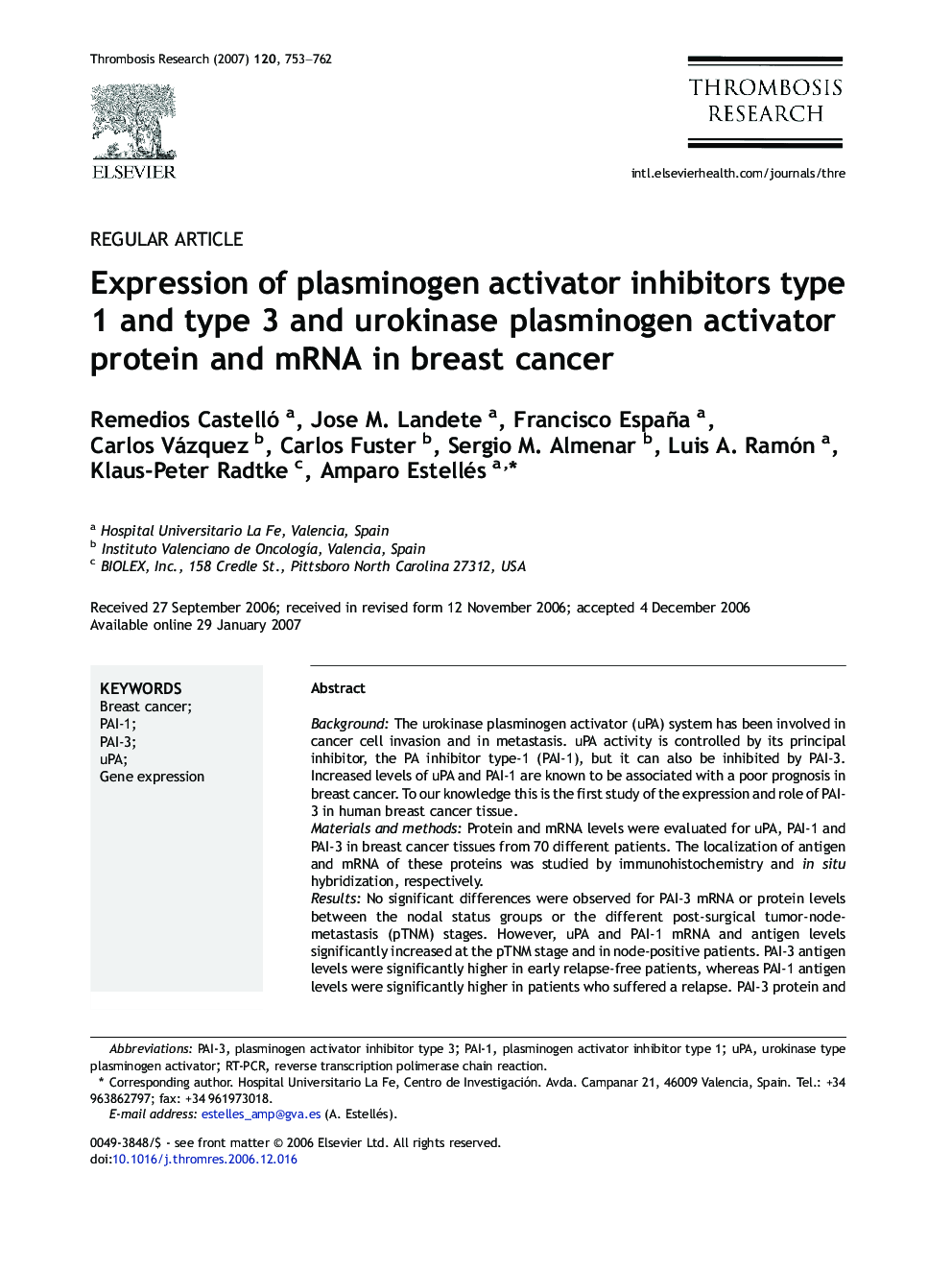 Expression of plasminogen activator inhibitors type 1 and type 3 and urokinase plasminogen activator protein and mRNA in breast cancer