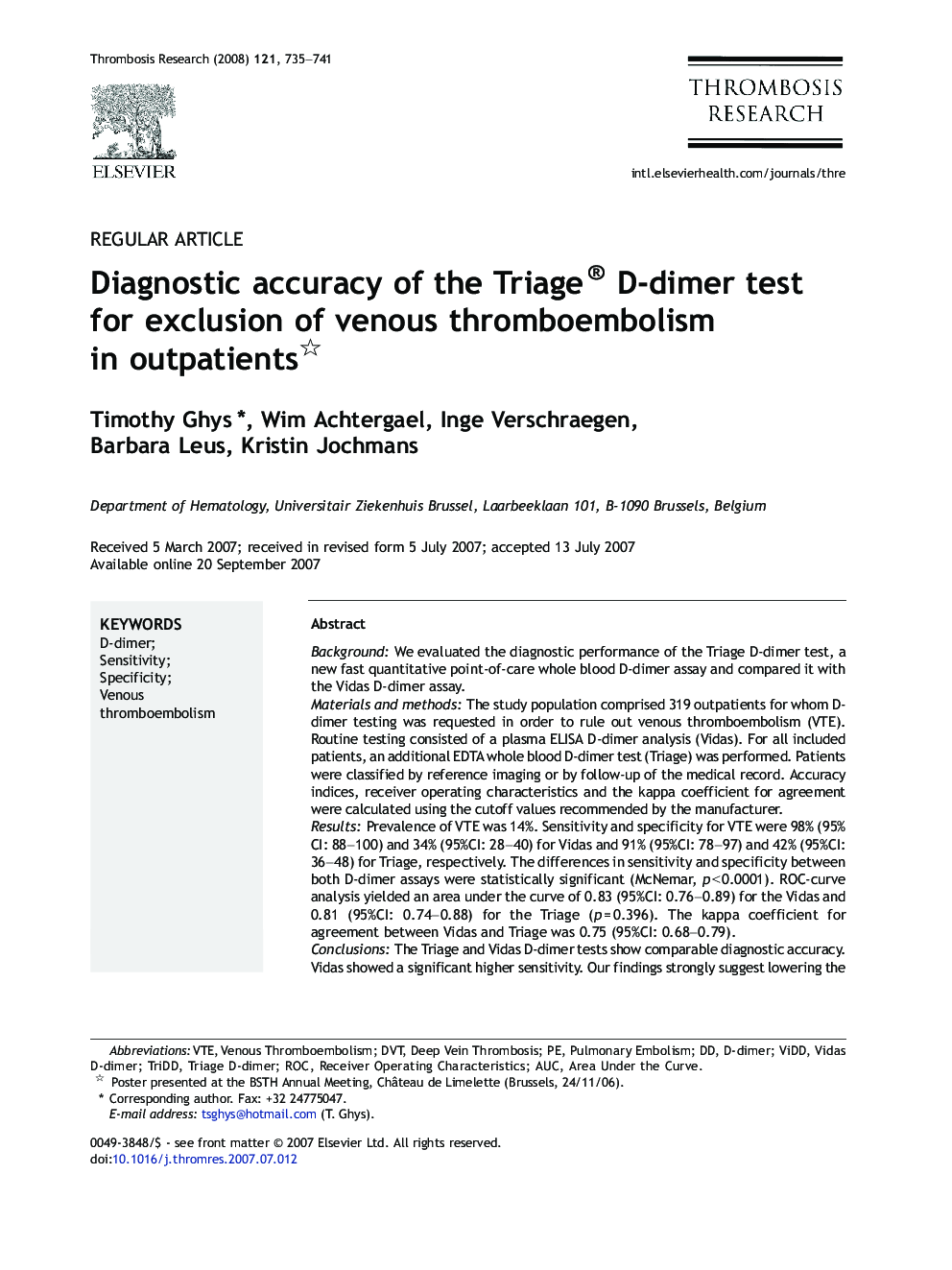 Diagnostic accuracy of the Triage® D-dimer test for exclusion of venous thromboembolism in outpatients 