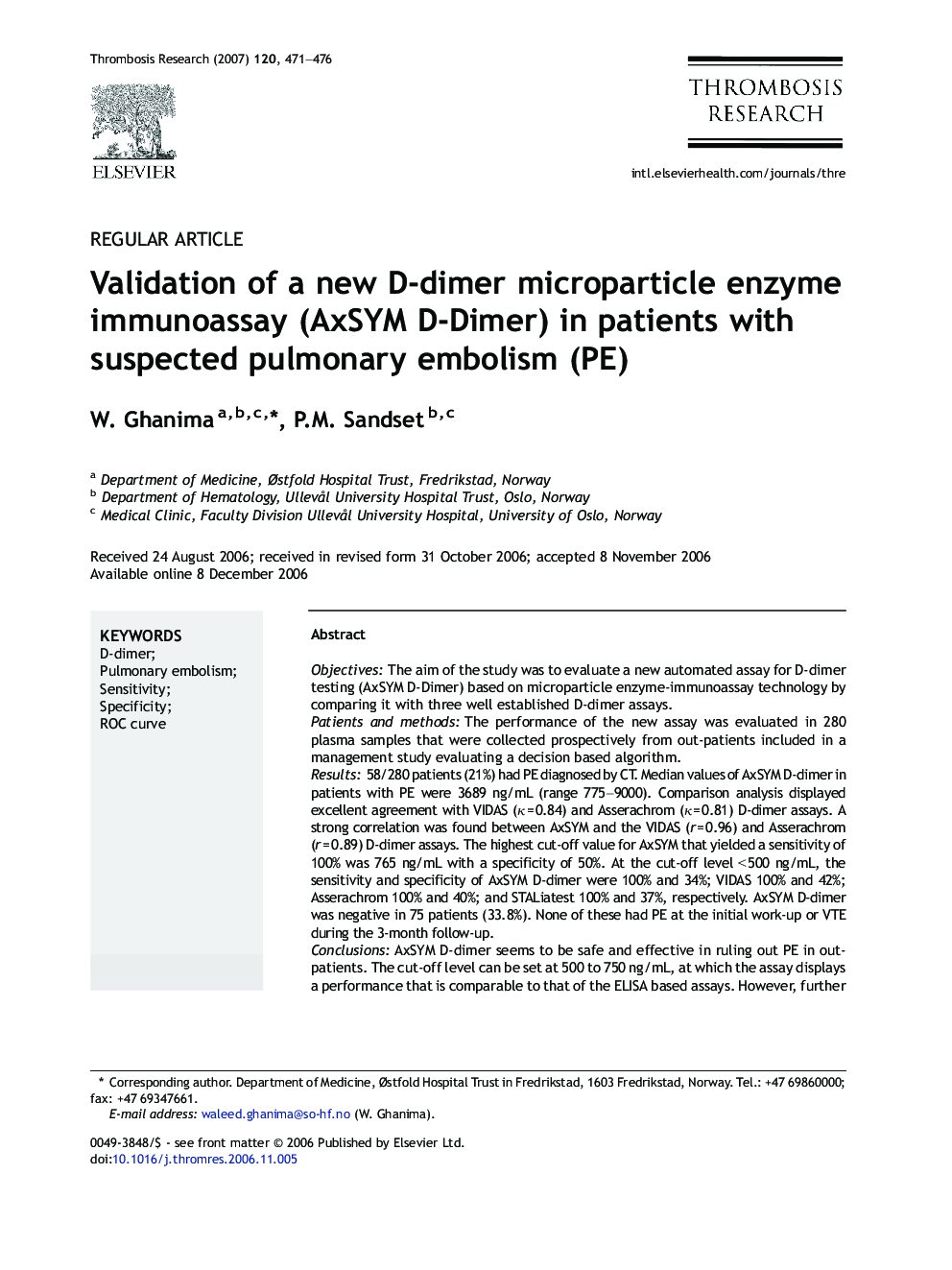 Validation of a new D-dimer microparticle enzyme immunoassay (AxSYM D-Dimer) in patients with suspected pulmonary embolism (PE)