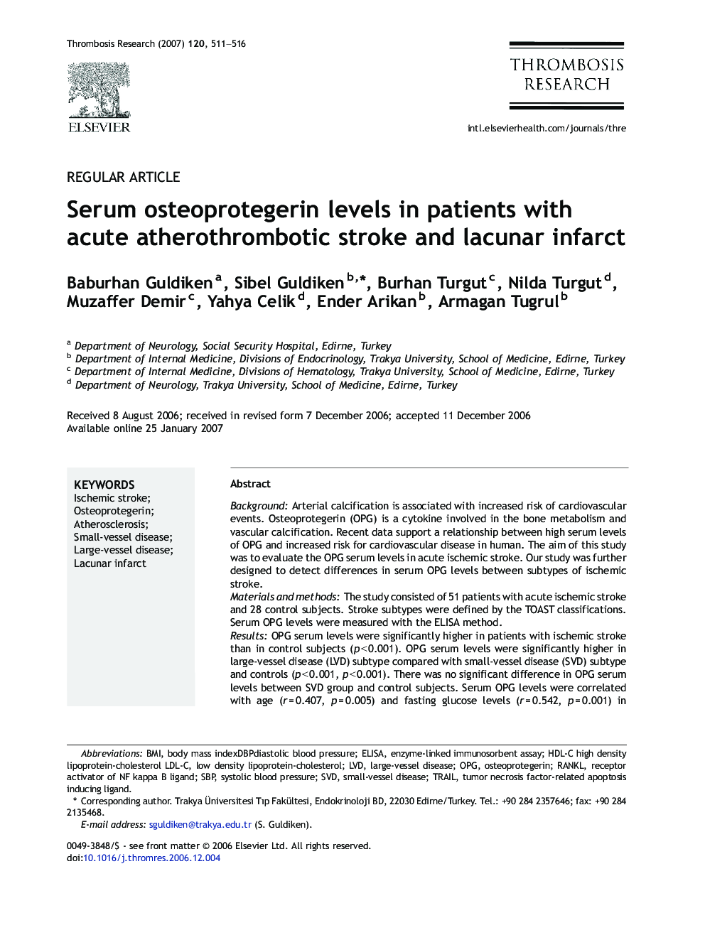 Serum osteoprotegerin levels in patients with acute atherothrombotic stroke and lacunar infarct