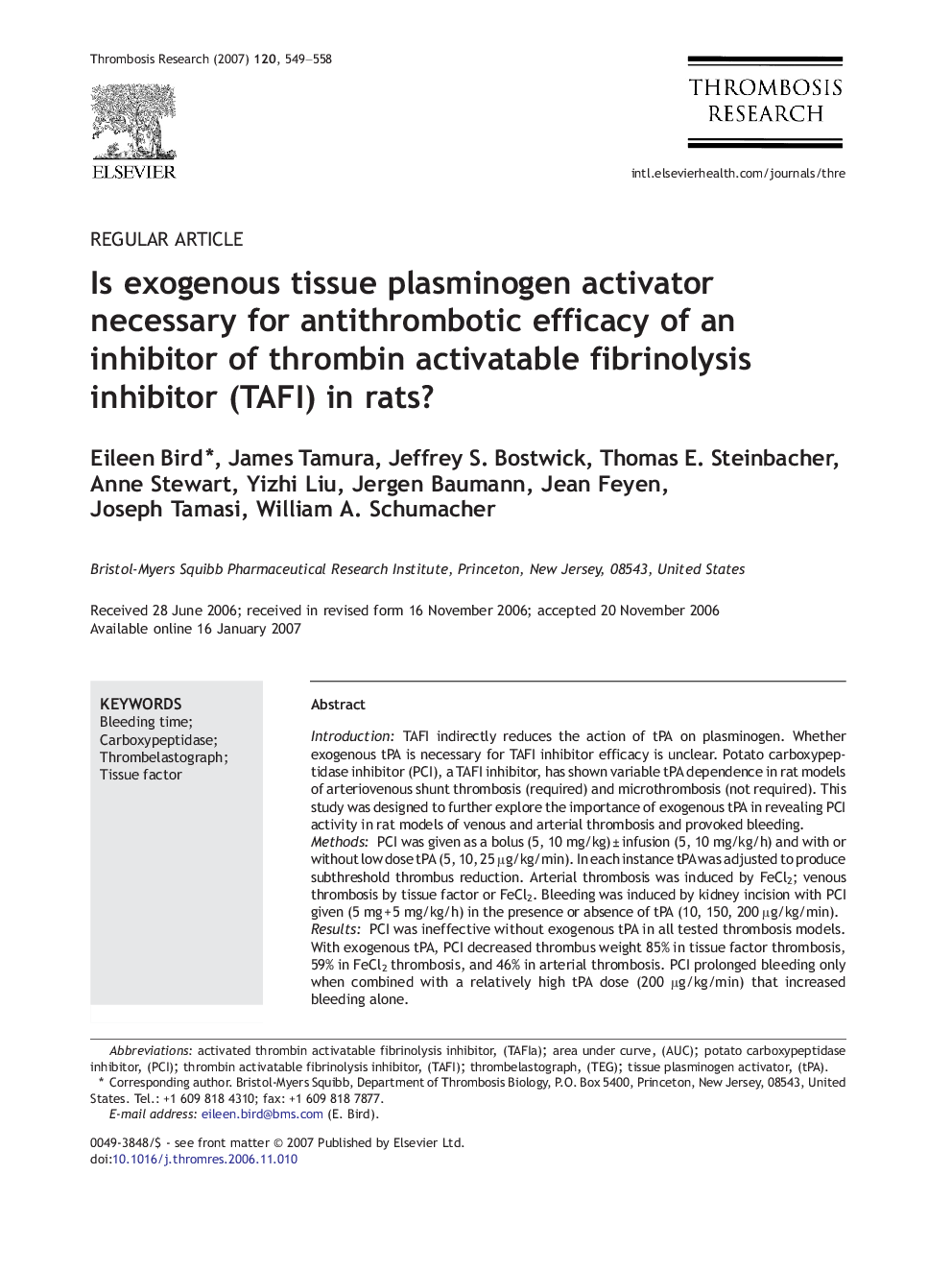 Is exogenous tissue plasminogen activator necessary for antithrombotic efficacy of an inhibitor of thrombin activatable fibrinolysis inhibitor (TAFI) in rats?