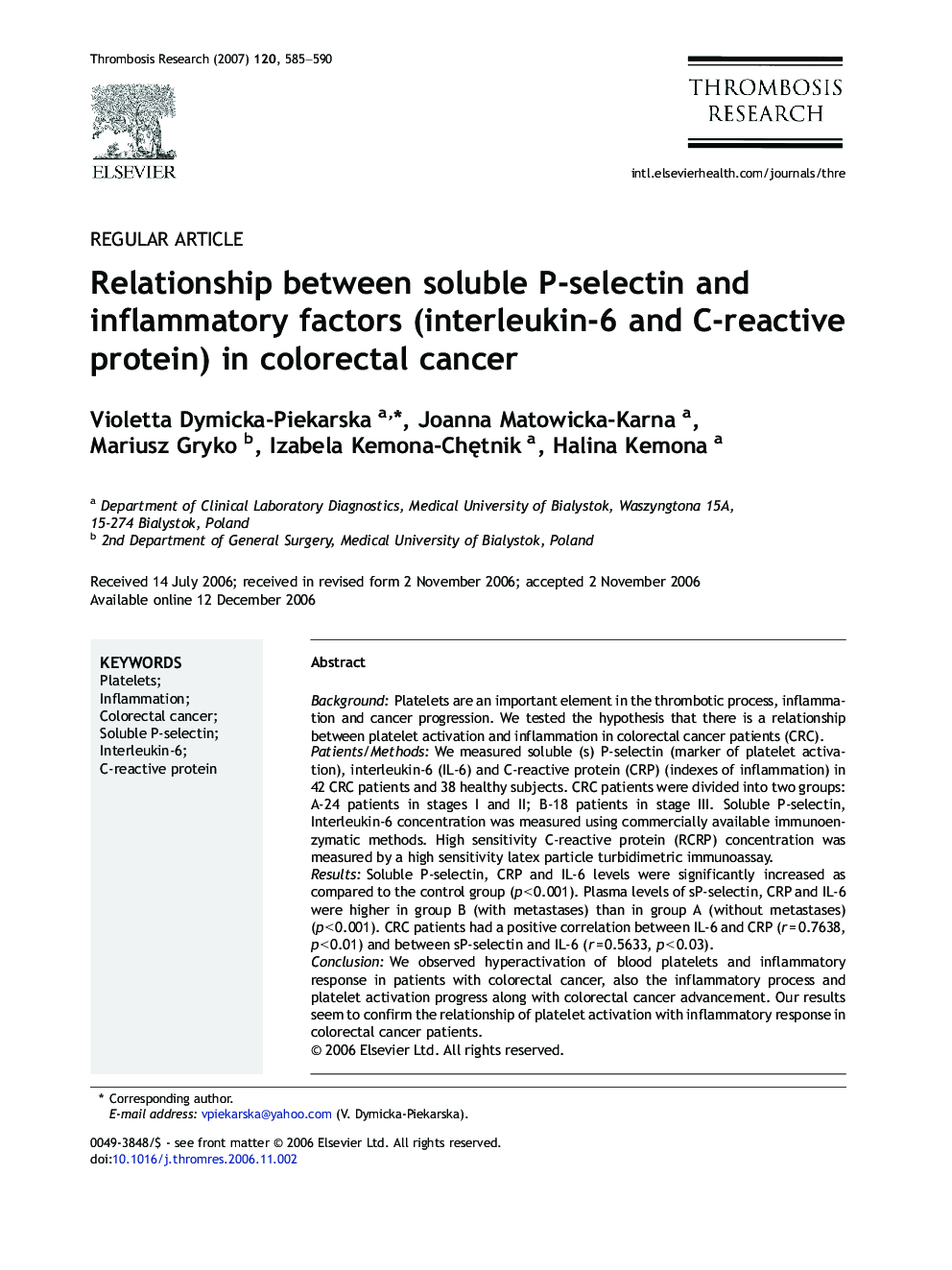 Relationship between soluble P-selectin and inflammatory factors (interleukin-6 and C-reactive protein) in colorectal cancer