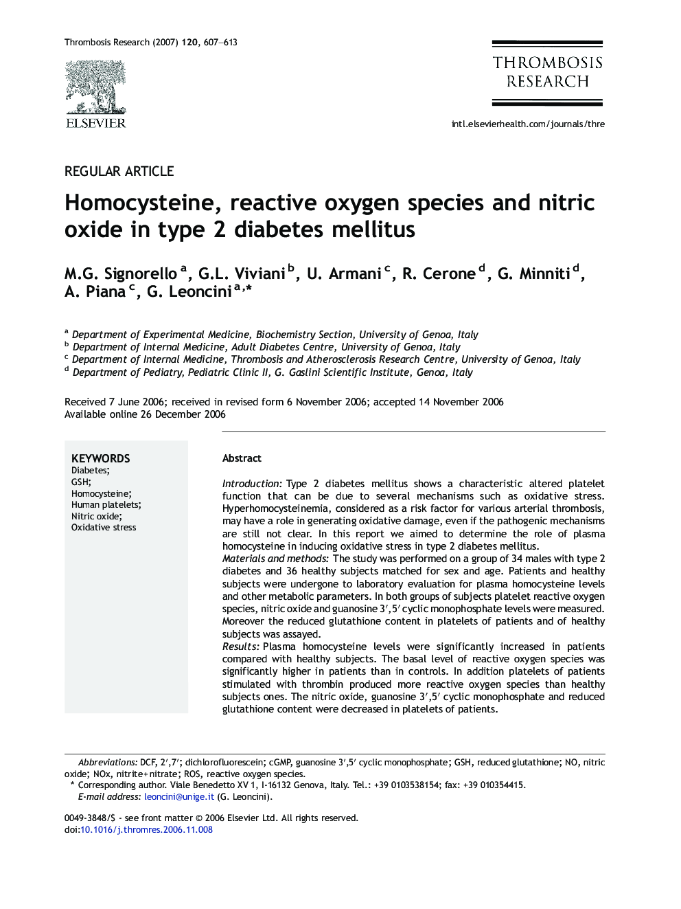 Homocysteine, reactive oxygen species and nitric oxide in type 2 diabetes mellitus