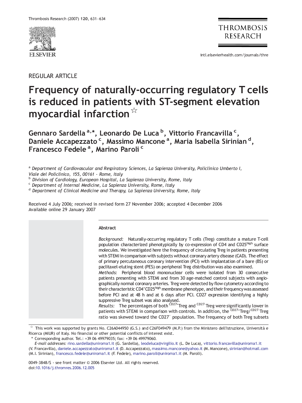 Frequency of naturally-occurring regulatory T cells is reduced in patients with ST-segment elevation myocardial infarction 