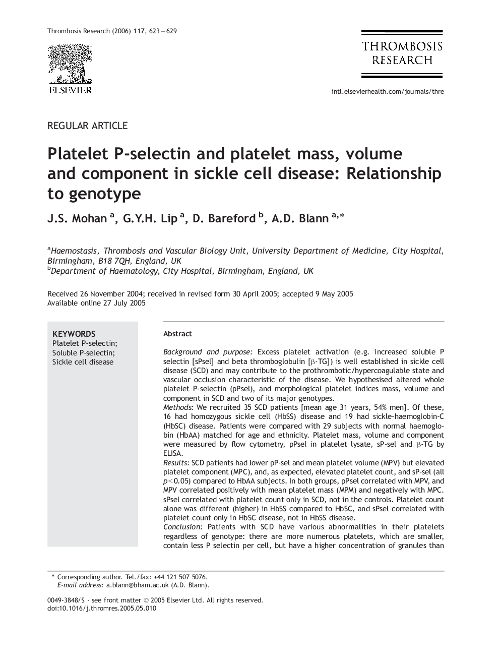 Platelet P-selectin and platelet mass, volume and component in sickle cell disease: Relationship to genotype