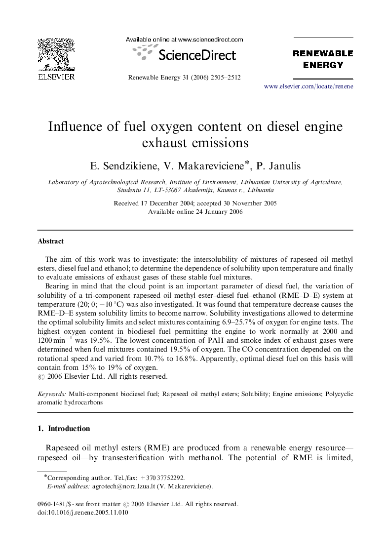 Influence of fuel oxygen content on diesel engine exhaust emissions