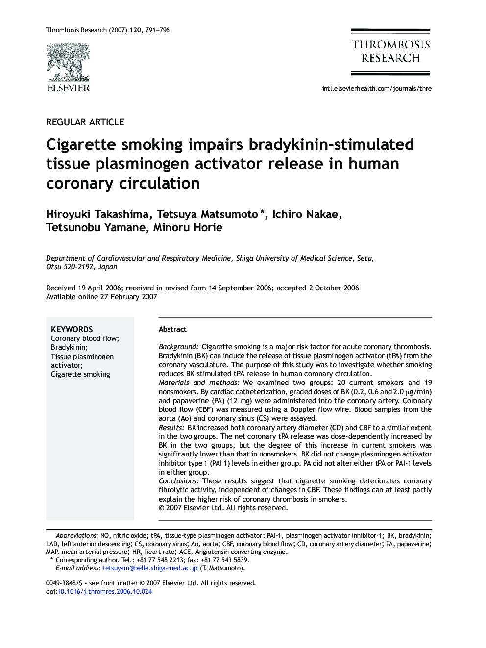 Cigarette smoking impairs bradykinin-stimulated tissue plasminogen activator release in human coronary circulation