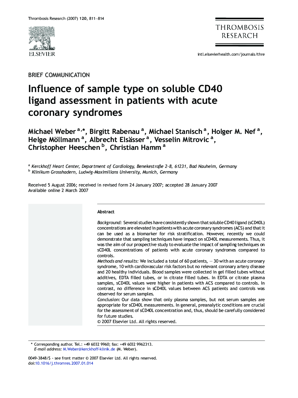 Influence of sample type on soluble CD40 ligand assessment in patients with acute coronary syndromes
