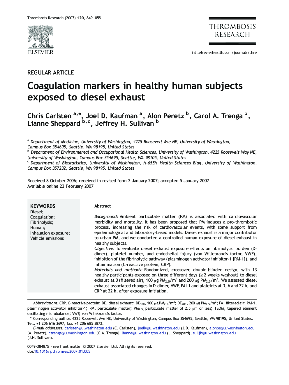 Coagulation markers in healthy human subjects exposed to diesel exhaust