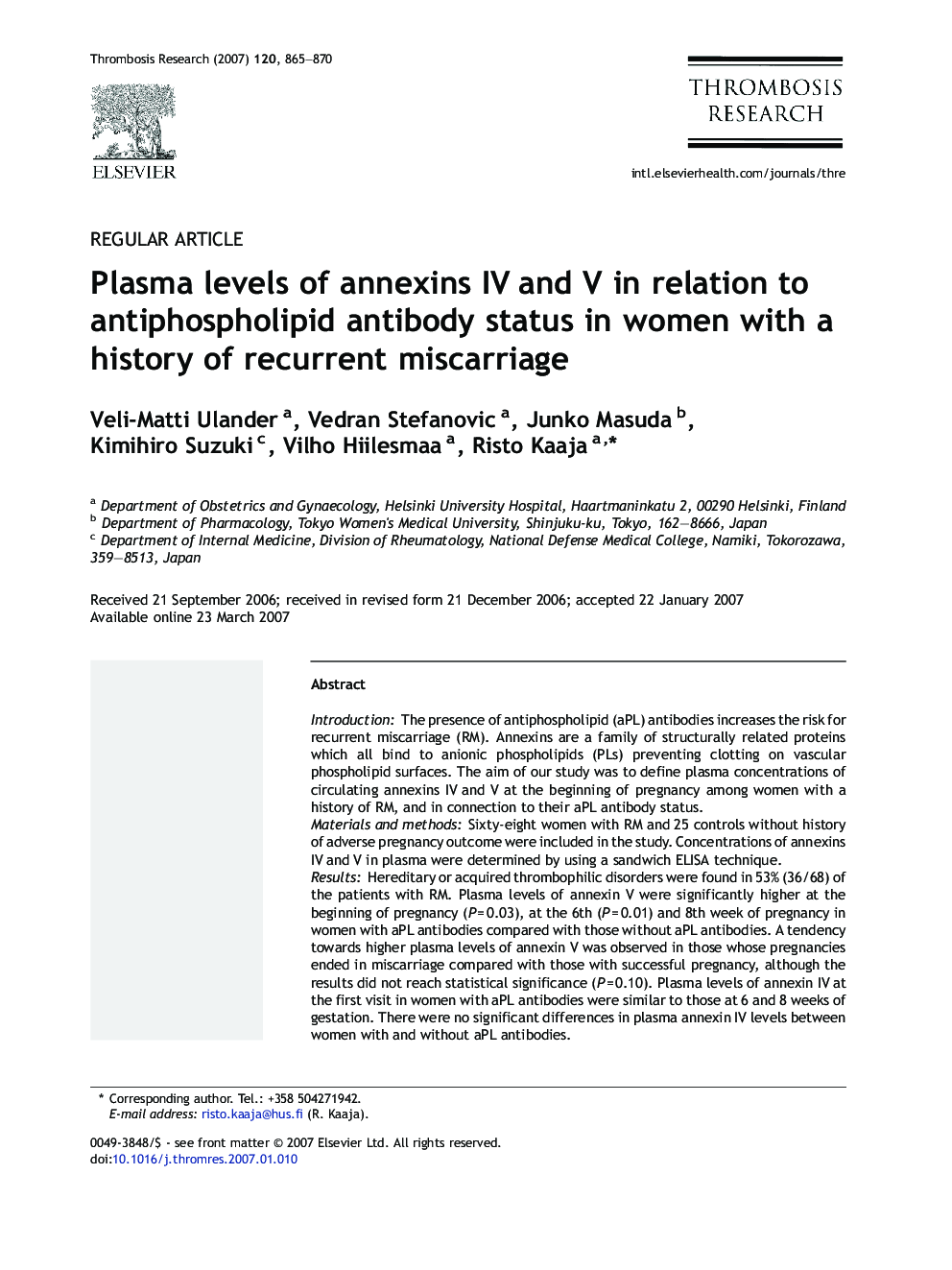 Plasma levels of annexins IV and V in relation to antiphospholipid antibody status in women with a history of recurrent miscarriage
