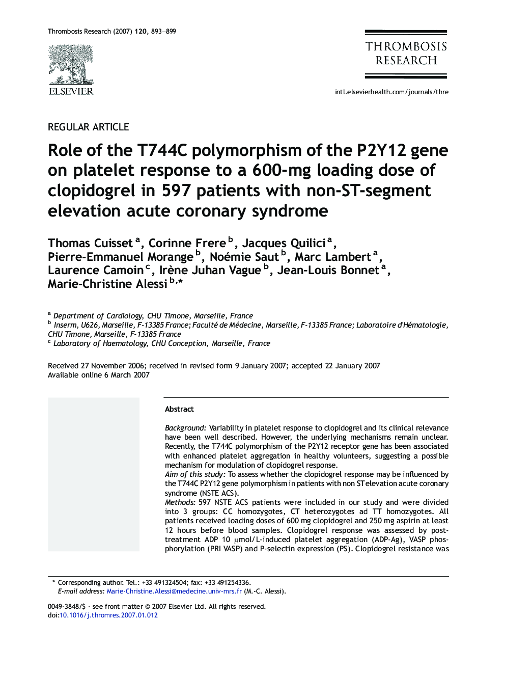 Role of the T744C polymorphism of the P2Y12 gene on platelet response to a 600-mg loading dose of clopidogrel in 597 patients with non-ST-segment elevation acute coronary syndrome