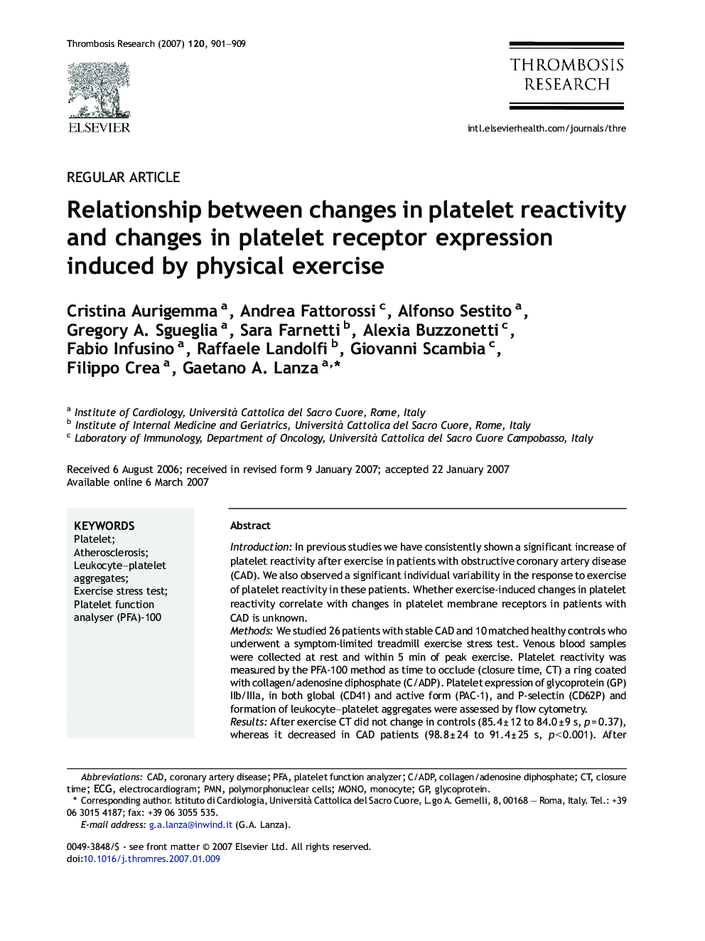 Relationship between changes in platelet reactivity and changes in platelet receptor expression induced by physical exercise