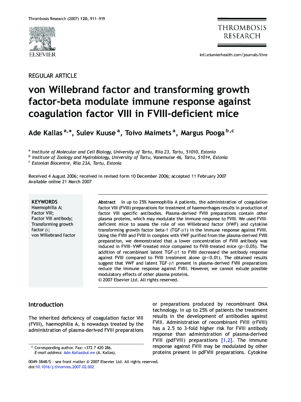 von Willebrand factor and transforming growth factor-beta modulate immune response against coagulation factor VIII in FVIII-deficient mice