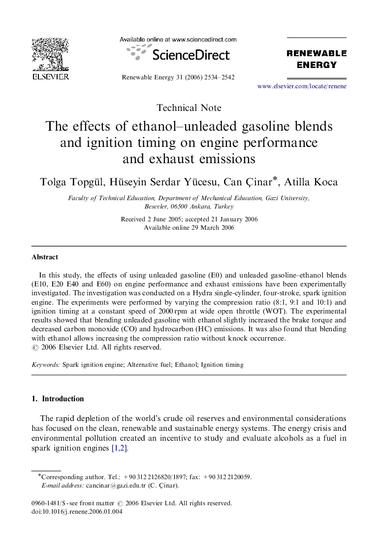 The effects of ethanol–unleaded gasoline blends and ignition timing on engine performance and exhaust emissions