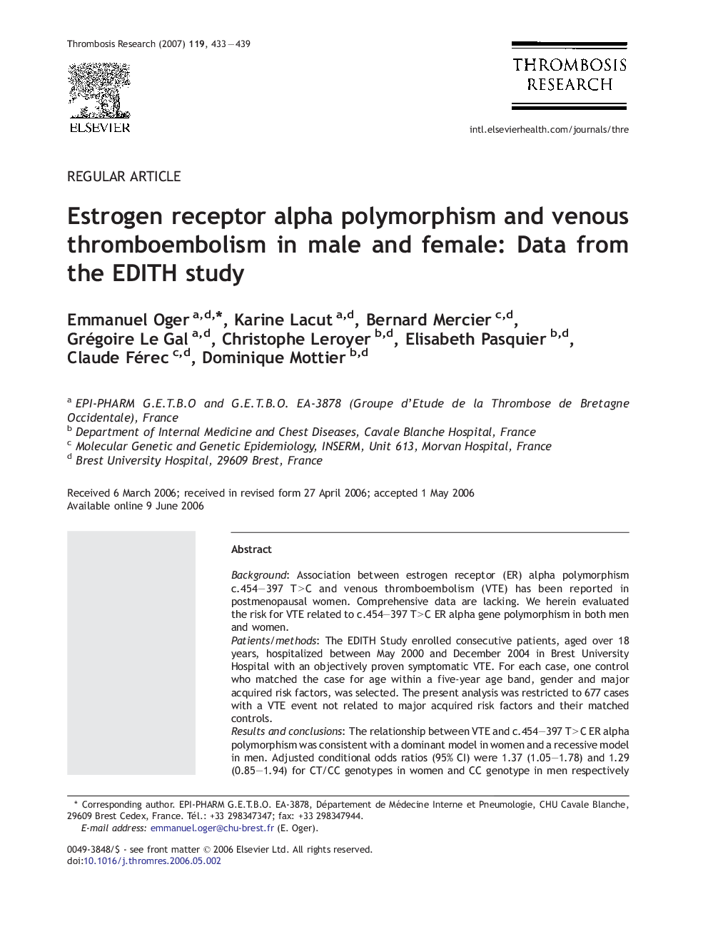 Estrogen receptor alpha polymorphism and venous thromboembolism in male and female: Data from the EDITH study