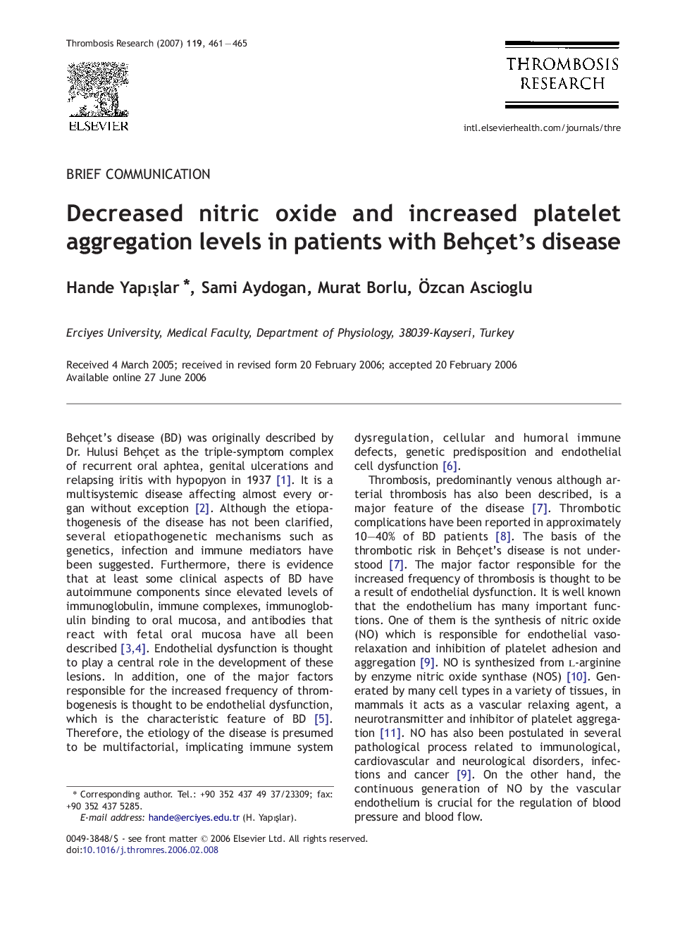 Decreased nitric oxide and increased platelet aggregation levels in patients with Behçet's disease