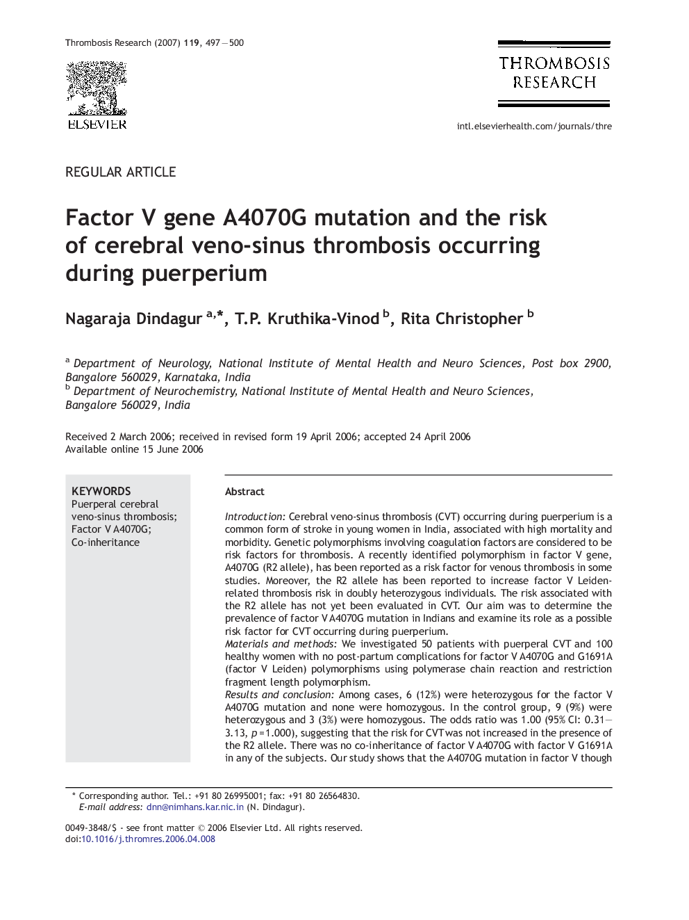Factor V gene A4070G mutation and the risk of cerebral veno-sinus thrombosis occurring during puerperium
