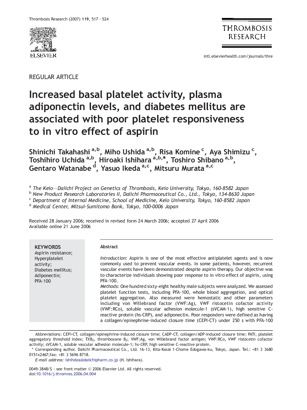 Increased basal platelet activity, plasma adiponectin levels, and diabetes mellitus are associated with poor platelet responsiveness to in vitro effect of aspirin