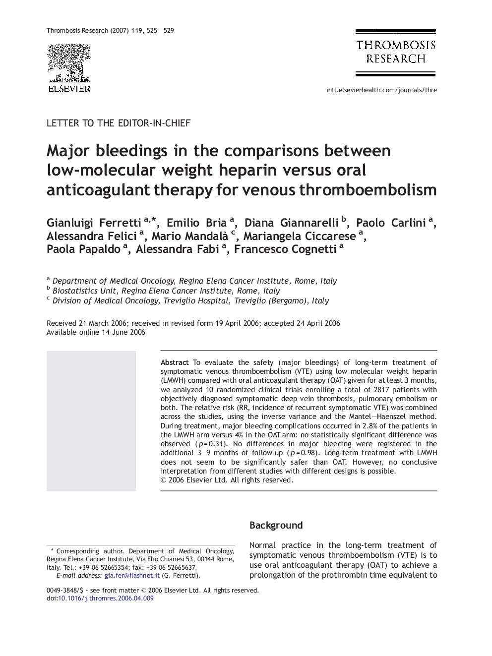 Major bleedings in the comparisons between low-molecular weight heparin versus oral anticoagulant therapy for venous thromboembolism
