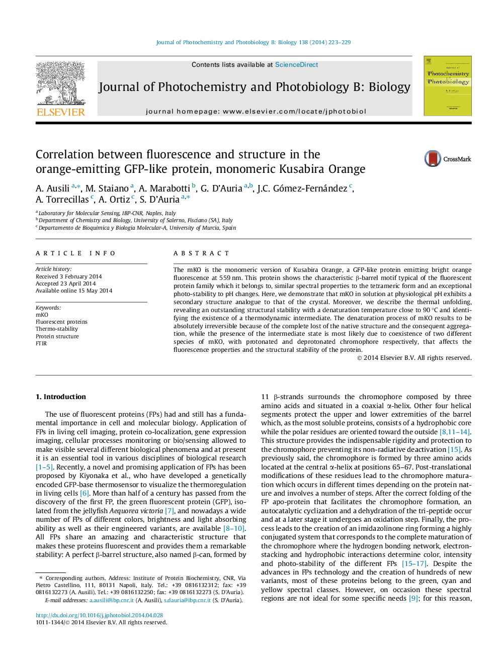 عکس صفحه اول مقاله: Correlation between fluorescence and structure in the orange-emitting GFP-like protein, monomeric Kusabira Orange Correlation between fluorescence and structure in the orange-emitting GFP-like protein, monomeric Kusabira Orange