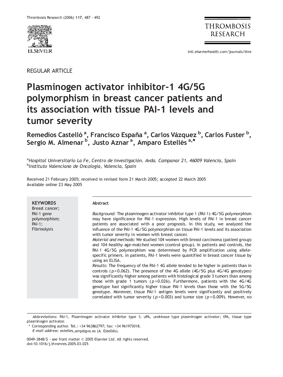 Plasminogen activator inhibitor-1 4G/5G polymorphism in breast cancer patients and its association with tissue PAI-1 levels and tumor severity