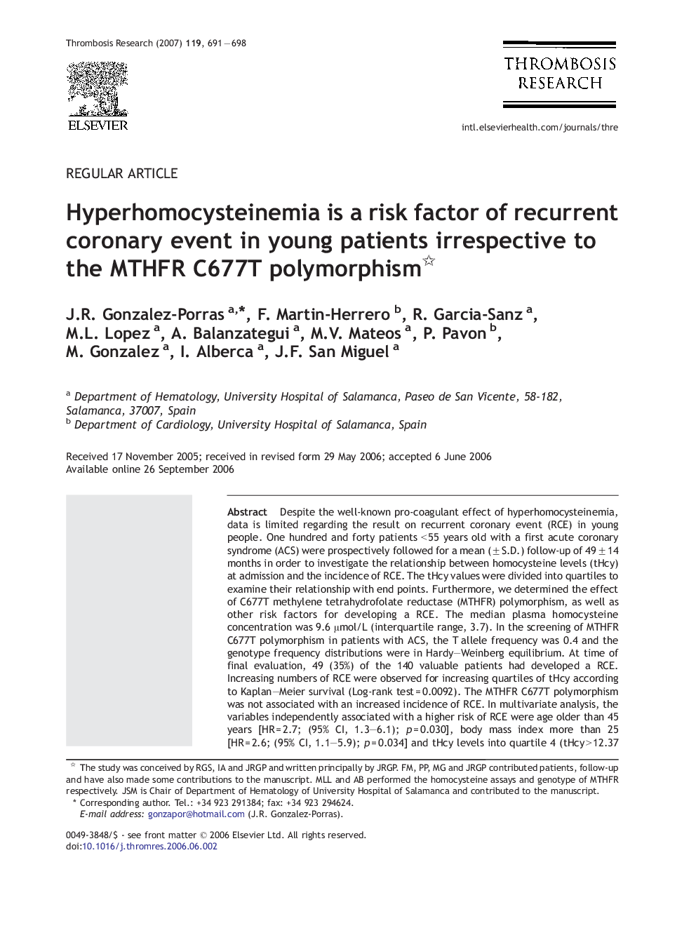 Hyperhomocysteinemia is a risk factor of recurrent coronary event in young patients irrespective to the MTHFR C677T polymorphism 