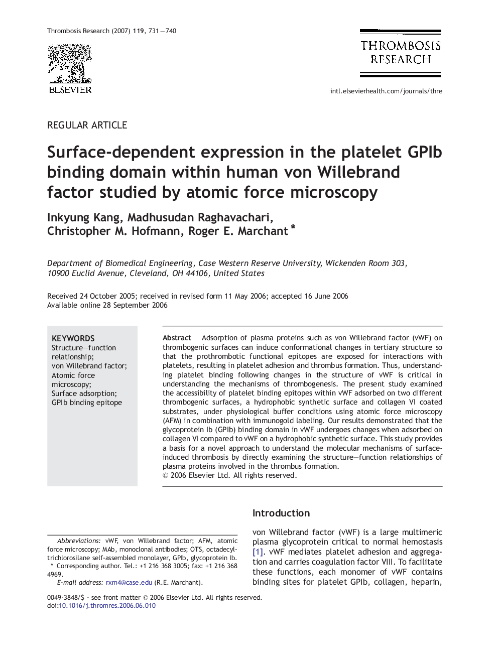 Surface-dependent expression in the platelet GPIb binding domain within human von Willebrand factor studied by atomic force microscopy