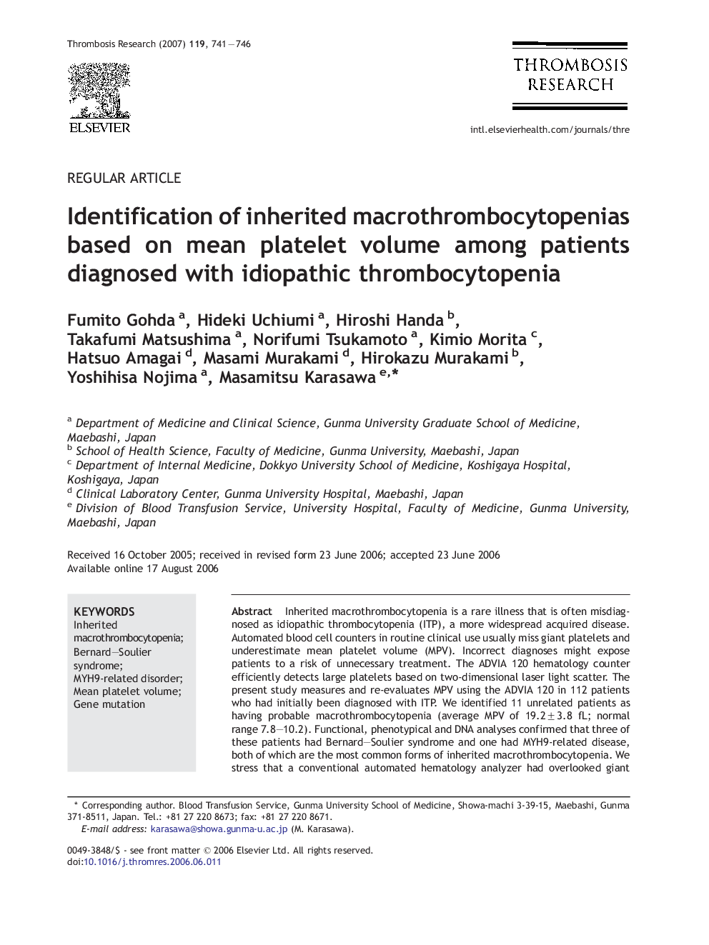 Identification of inherited macrothrombocytopenias based on mean platelet volume among patients diagnosed with idiopathic thrombocytopenia