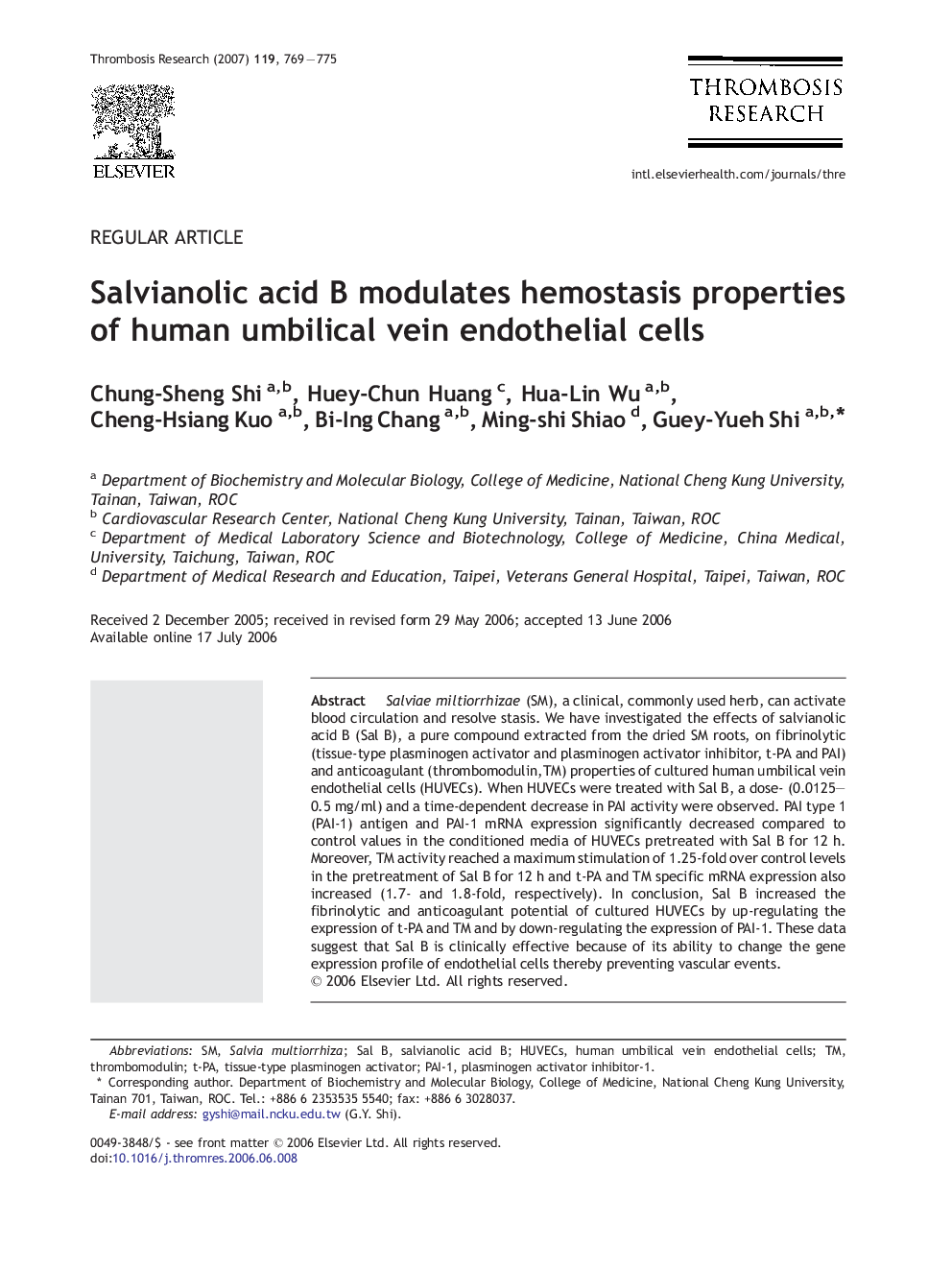 Salvianolic acid B modulates hemostasis properties of human umbilical vein endothelial cells