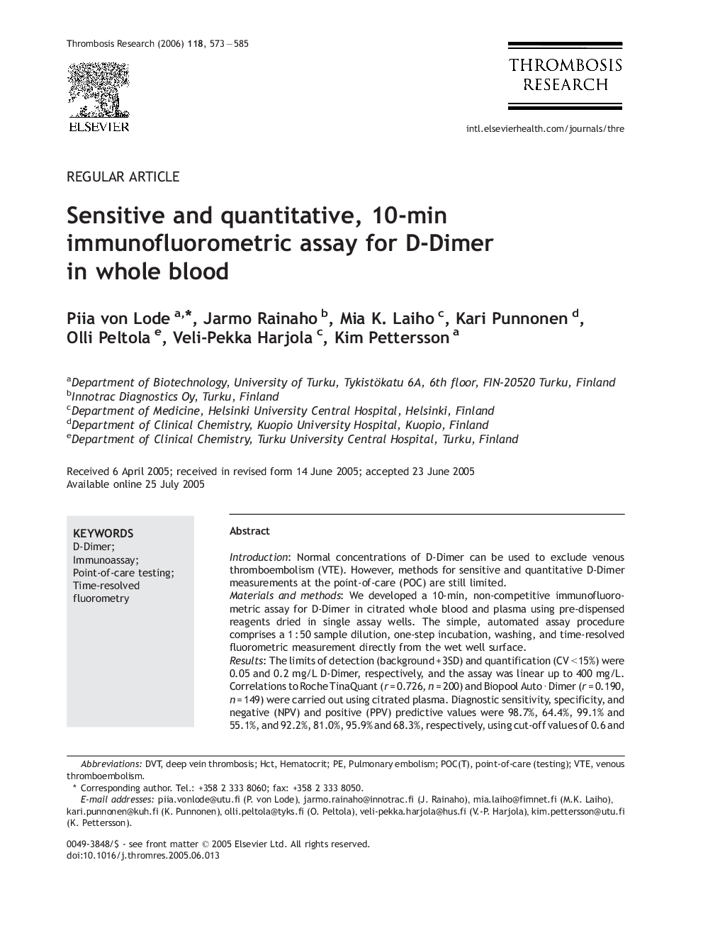 Sensitive and quantitative, 10-min immunofluorometric assay for D-Dimer in whole blood