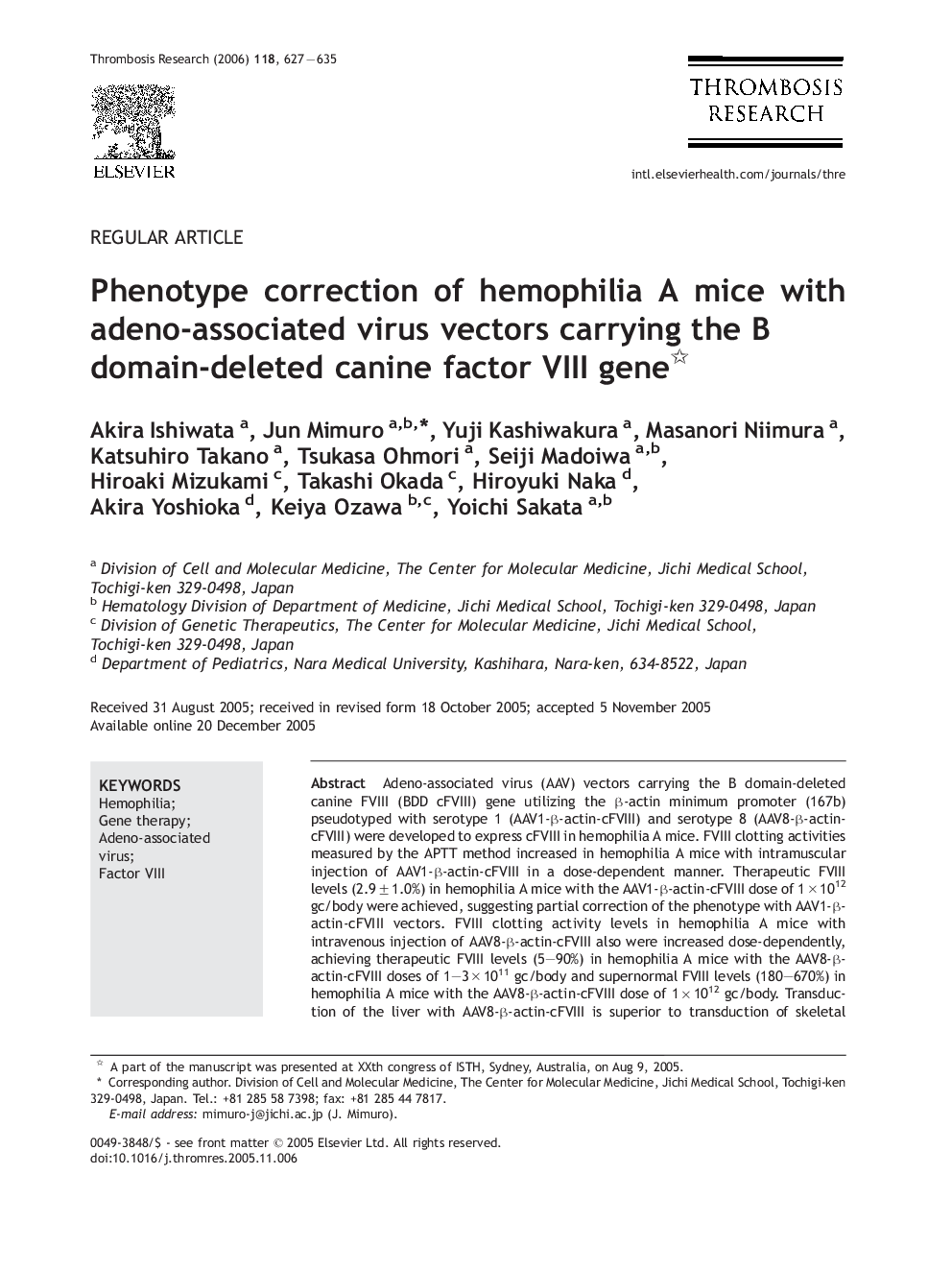 Phenotype correction of hemophilia A mice with adeno-associated virus vectors carrying the B domain-deleted canine factor VIII gene 