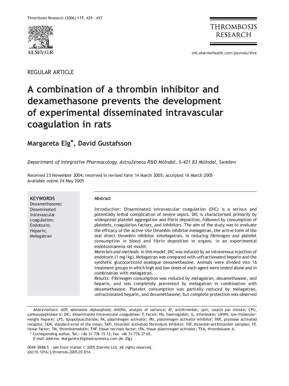 A combination of a thrombin inhibitor and dexamethasone prevents the development of experimental disseminated intravascular coagulation in rats