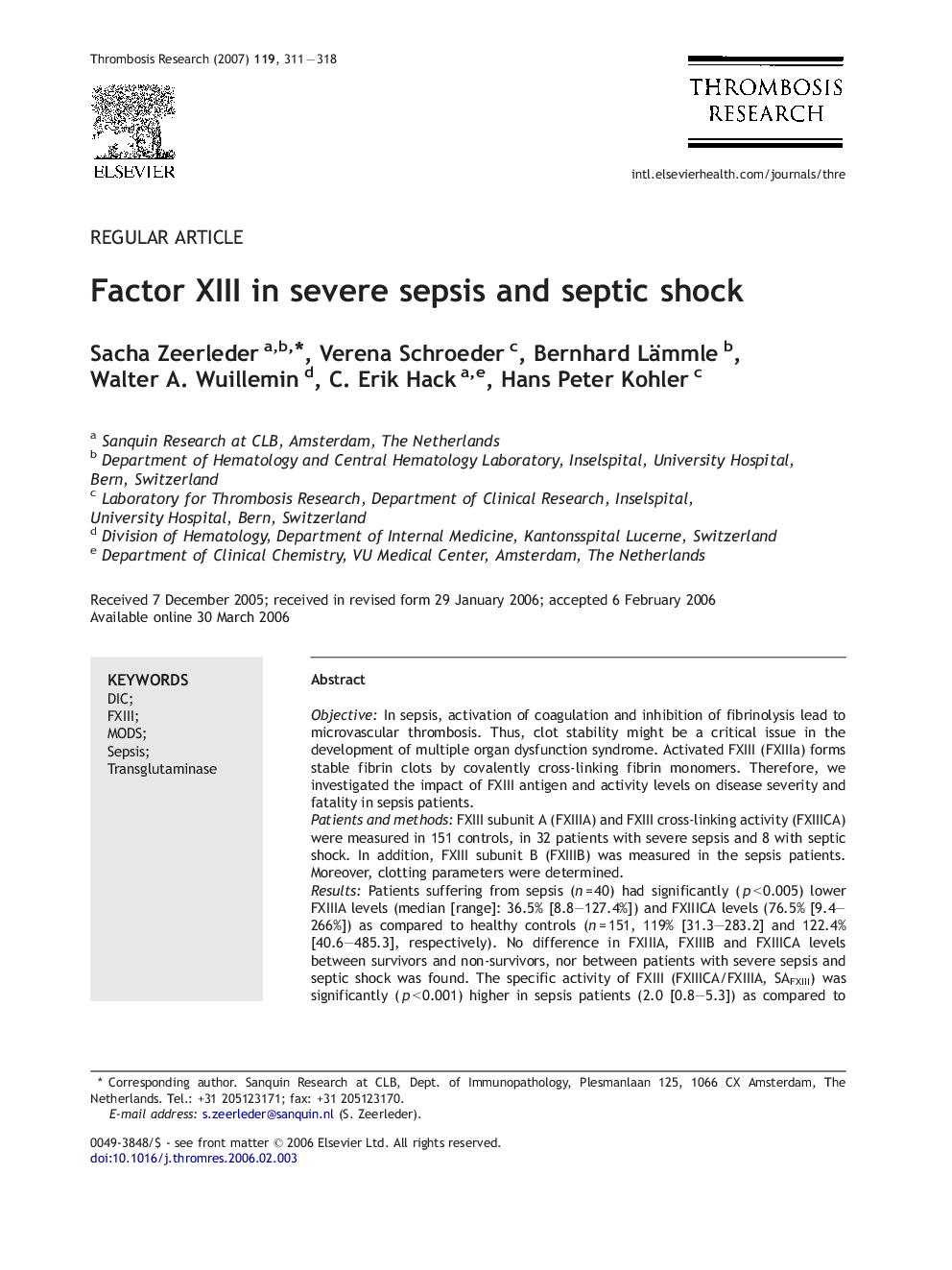 Factor XIII in severe sepsis and septic shock