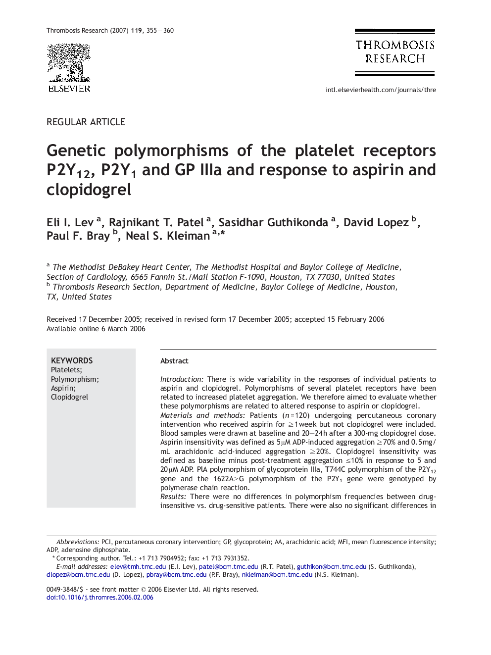 Genetic polymorphisms of the platelet receptors P2Y12, P2Y1 and GP IIIa and response to aspirin and clopidogrel