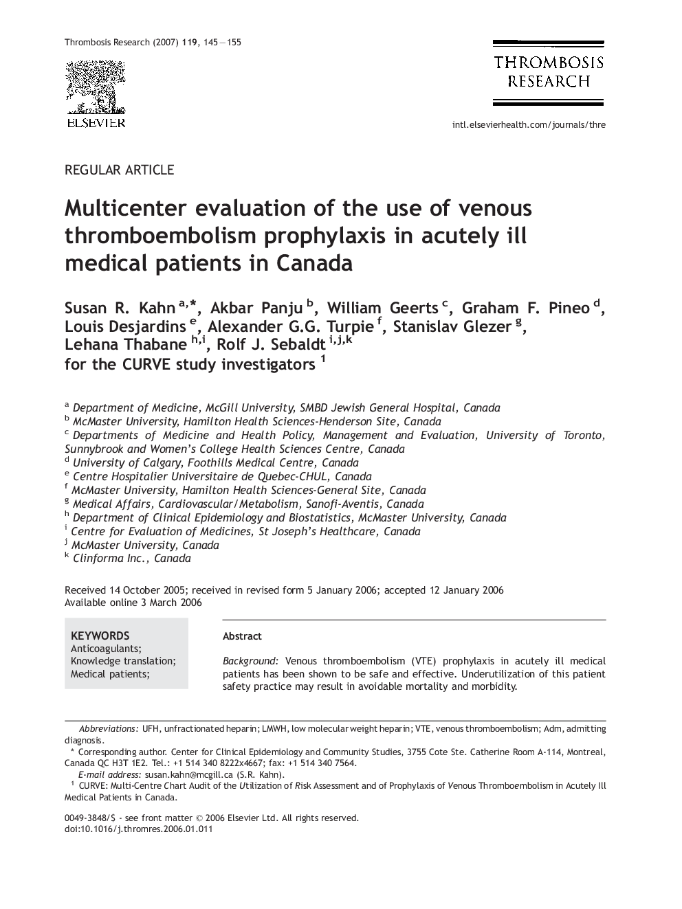 Multicenter evaluation of the use of venous thromboembolism prophylaxis in acutely ill medical patients in Canada