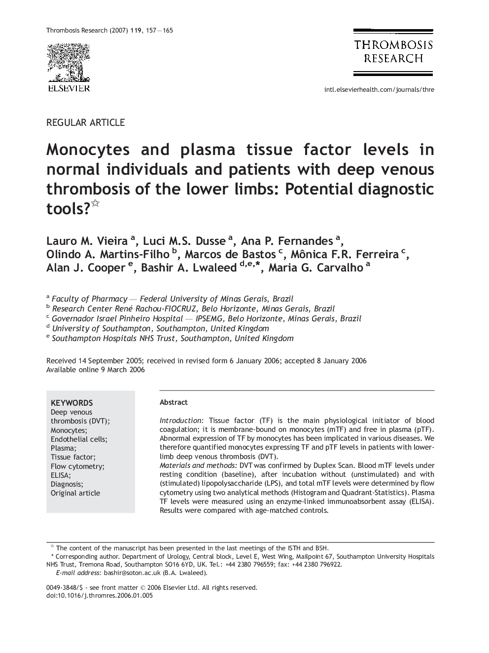 Monocytes and plasma tissue factor levels in normal individuals and patients with deep venous thrombosis of the lower limbs: Potential diagnostic tools? 